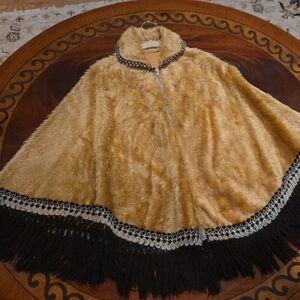 Elegant Tan Faux Fur Cape with Black Fringe